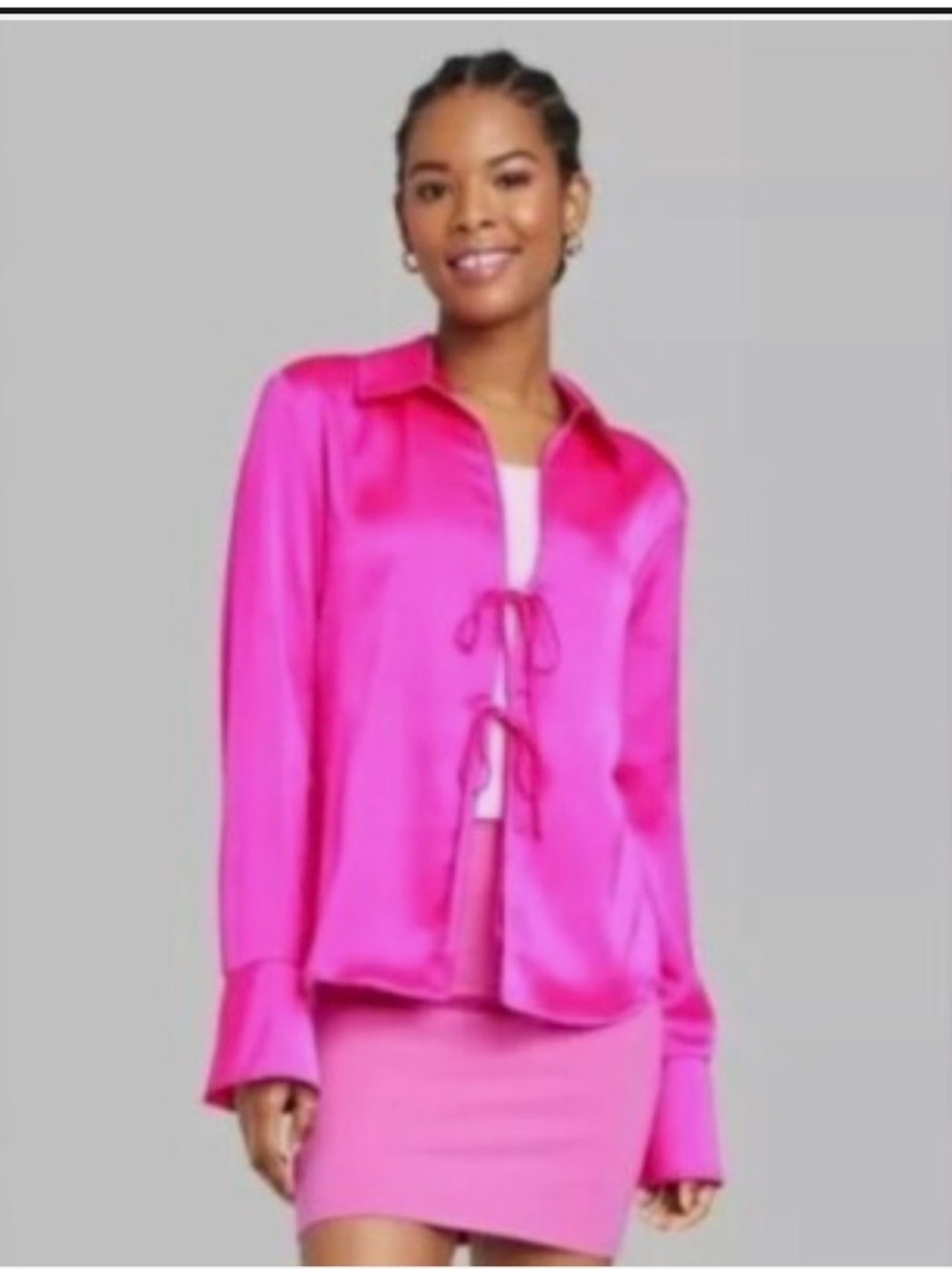 Women's Bell Long Sleeve Satin Fly Away Top - Wild Fable Pink M